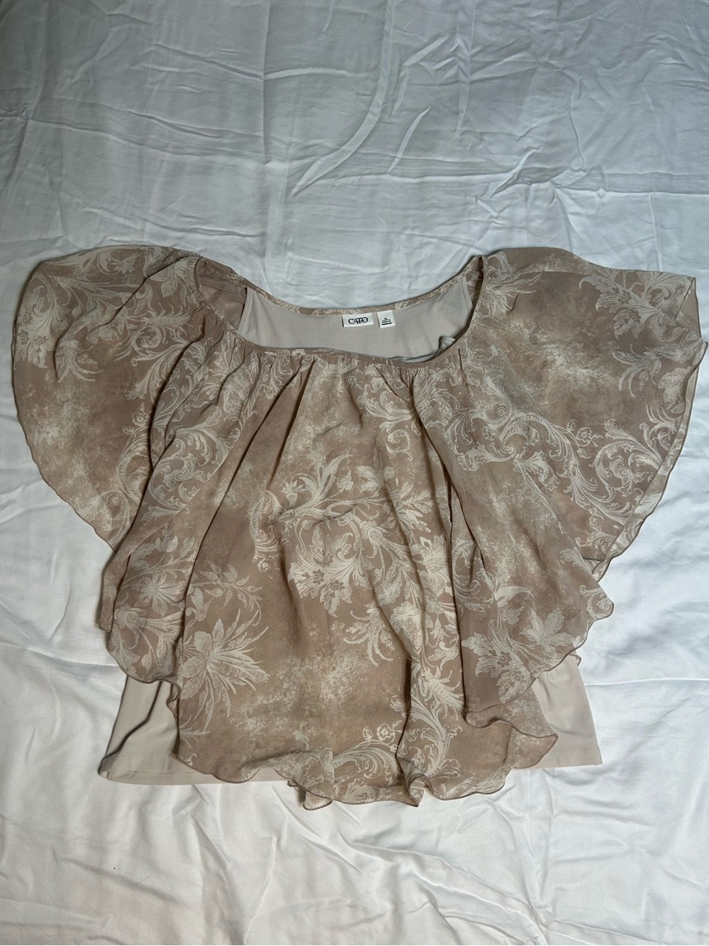 Cato Beige Floral Chiffon Flutter-Sleeve Top